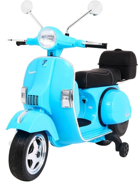 Dziecięca elektryczna hulajnoga VESPA, niebieska z kółkami pomocniczymi i audio