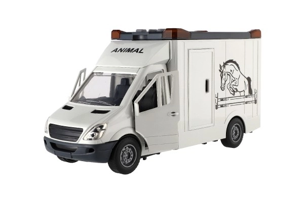 Auto do przewozu zwierząt plastikowy 28cm z koniem na mechanizm sprężynowy z światłem i dźwiękiem szare w pudełku 39x18cm