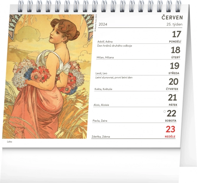 Kalendarz biurkowy Alfons Mucha 2024, 16,5 × 13 cm