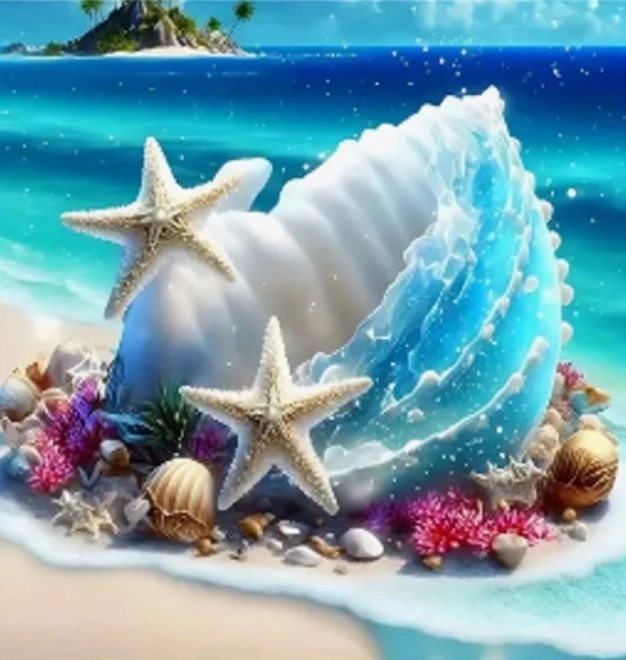 Malowanie diamentowe – muszle na wyspie 30 × 40 cm