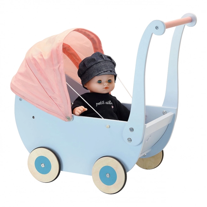 Petitcollin Drewniany wózek niebieski (dla lalek do 40 cm)