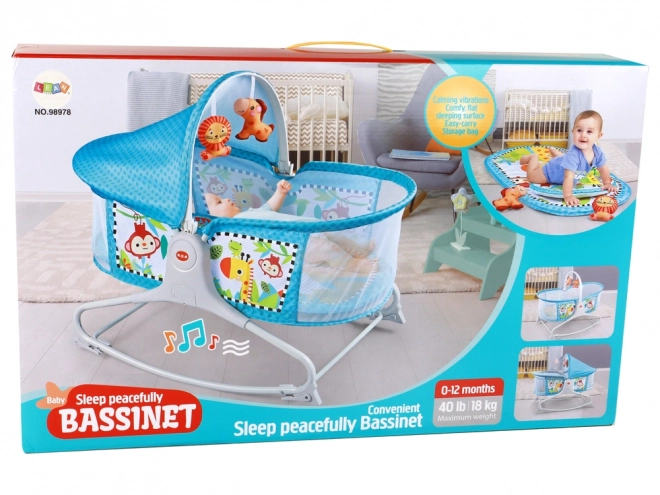 Wielofunkcyjne łóżeczko dziecięce 2w1 Baby Mat Dźwięki Wibracje Niebieskie
