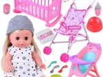Interaktywne niemowlę z wózkiem, krzesełkiem do karmienia i kołyską – duży zestaw akcesoriów