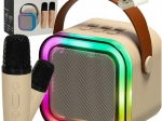 Zestaw karaoke z głośnikiem Bluetooth, 2 mikrofonami i podświetleniem LED 6 W – beżowy