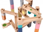 Drewniany pastelowy tor kulkowy, 53 elementy + 6 szklanych kulek