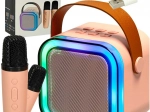 Zestaw karaoke z głośnikiem Bluetooth, 2 bezprzewodowymi mikrofonami i podświetleniem LED 6 W – różowy