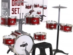 Czerwone perkusje z 7 bębnami + stołek + 2 talerze + 2 pałeczki - 12 elementów