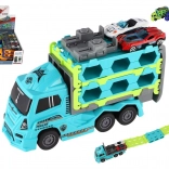 Plastikowy ciężarowy transporter samochodów na napęd cierny 22 cm + 2 sportowe autka