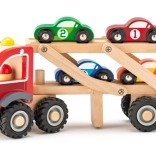 Drewniany transporter samochodowy z 4 wyścigowymi autkami