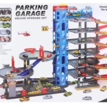 Duży wielopoziomowy garaż z autkami i lądowiskiem dla helikopterów