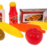 Dziecięcy wózek zakupowy z niebieskim koszykiem i akcesoriami