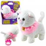 Interaktywny biały kotek na smyczy z różową falbanką i dzwoneczkiem