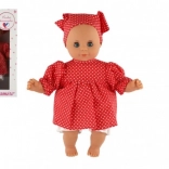 Laleczka niemowlę 30 cm w czerwonej sukience w grochy z chustką
