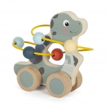Drewniany dinozaur z koralikowym labiryntem na kółkach