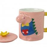 Ceramiczny kubek z pokrywką i łyżeczką z motywem dinozaura różowy 400 ml