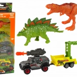 zestaw dinozaurów z autem, wyrzutnią rakiet i przyczepą