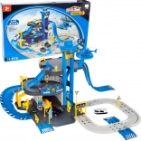 Policyjny garaż ze stacją, 3 piętra z windą, auta i helikopter, 74 elementy