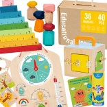 Tooky Toy montessori edukacyjny box 6w1: skrzynka z zamkami, balansujące kamienie, tablica pogody, liczenie 1–10, kolorowanki i książeczka