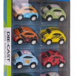 Zestaw 8 metalowych autek z napędem i gumowymi oponami