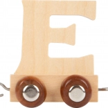 Drewniany wagonik z literą E do kolejki drewnianej