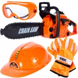 Dziecięcy zestaw drwala z piłą łańcuchową, rękawicami, hełmem i okularami