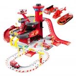 Strażacki garaż, 3 poziomy z windą, auta + helikopter, 74 elementy