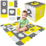 Humbi duża edukacyjna piankowa mata 3w1 z kojcem XXL, puzzle 30 × 30 cm – liczby i kształty, szara/biała/żółta