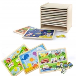 Drewniane puzzle Viga – zestaw 12 ramkowych układanek po 24 elementy na stojaku