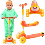 Trójkołowa hulajnoga z kołami LED i siedziskiem – kotek, pomarańczowa