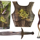 Dziecięcy samurajski kostium ze złotym pancerzem, łukiem i mieczem