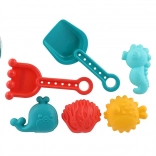 Plastowy zestaw do piasku dla dzieci z łopatką, grabkami i foremkami w siatce