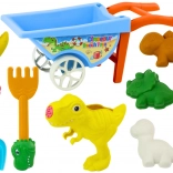 Zestaw do piasku dinozaury: taczka, łopatka, grabki, konewka i 6 foremek