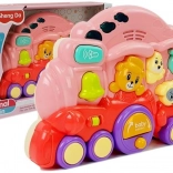 Interaktywna różowa lokomotywa ze zwierzętami i efektami świetlnymi