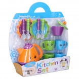 Kolorowy zestaw naczyń do herbaty z buźkami dla dzieci