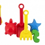 Plastowy zestaw do piasku z łopatką, grabkami i foremkami w siatce